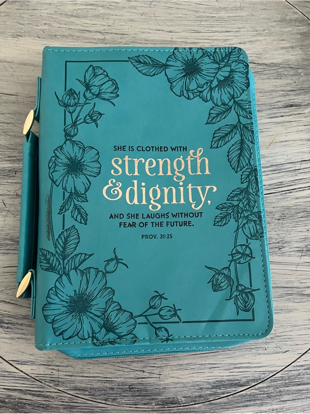 Christian Art Gifts Strength & Dignity Teal Floral Fashion Bible Cover – Proverb